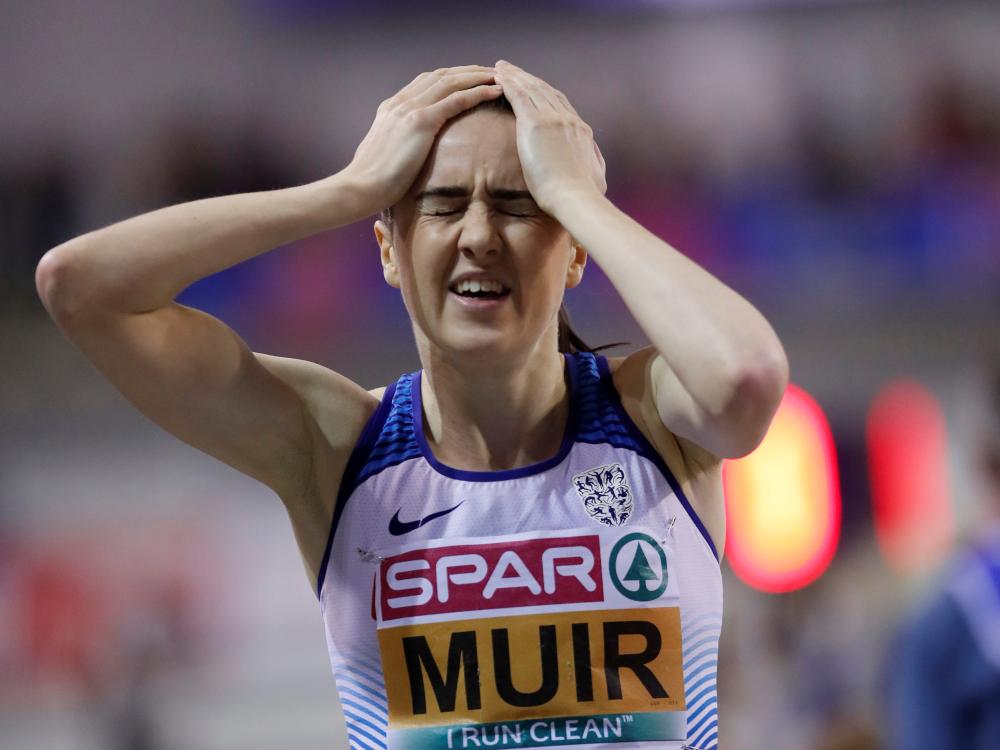 Great Britain’s Laura Muir celebrates winning the 1500m final at the 2019 European Indoor Athletics Championships in Glasgow Sunday. — Reuters