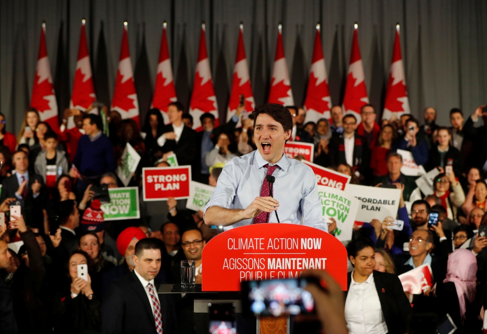 Canada’s Prime Minister Justin Trudeau speaks during a Liberal Climate Action Rally in Toronto, Ontario, Canada, on Monday. — Reuters