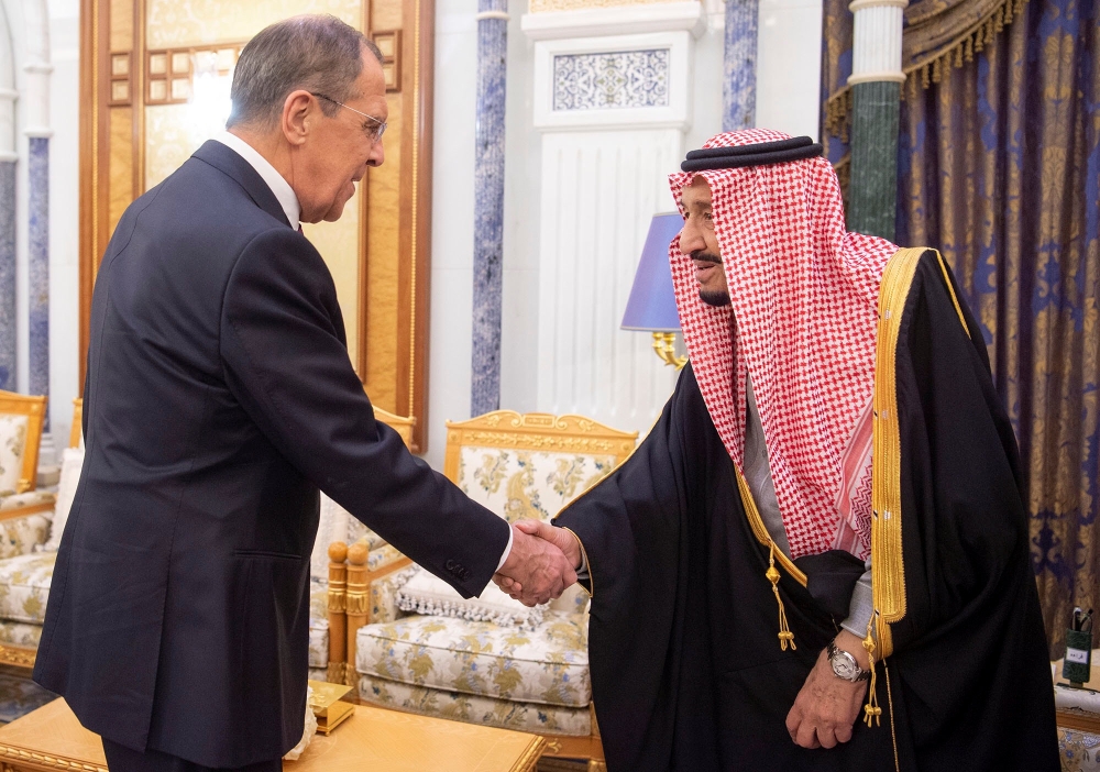 Custodian of the Two Holy Mosques King Salman shakes hands with Russia's Foreign Minister Sergei Lavrov in Riyadh on Tuesday. — SPA