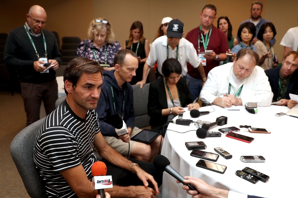 Roger Federer of Switzerland fields questions from the media at the ATP Media Day during the BNP Paribas Open at the Indian Wells Tennis Garden on Wednesday in Indian Wells, California. — AFP