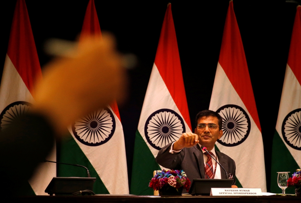 Raveesh Kumar, spokesman for the Indian Foreign Ministry, takes a question during a media briefing in New Delhi, India, on Saturday. — Reuters