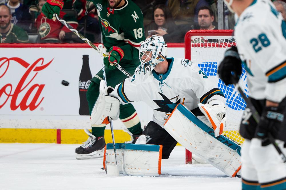 San Jose Sharks’ goalie Martin Jones makes a save against Minnesota Wild during their NHL game at Xcel Energy Center in Saint Paul, Minnesota, Monday. — Reuters