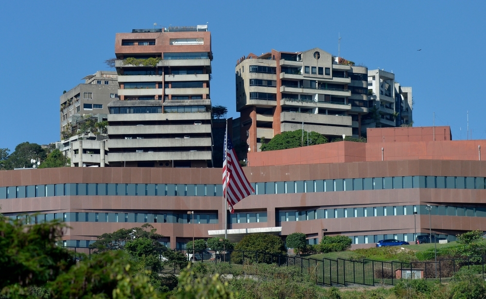 This file photo taken shows the entrance of the embassy of the United States in Caracas. The United States will withdraw its remaining diplomatic staff from the embassy in Caracas as the crisis in Venezuela worsens, Secretary of State Mike Pompeo said. — AFP