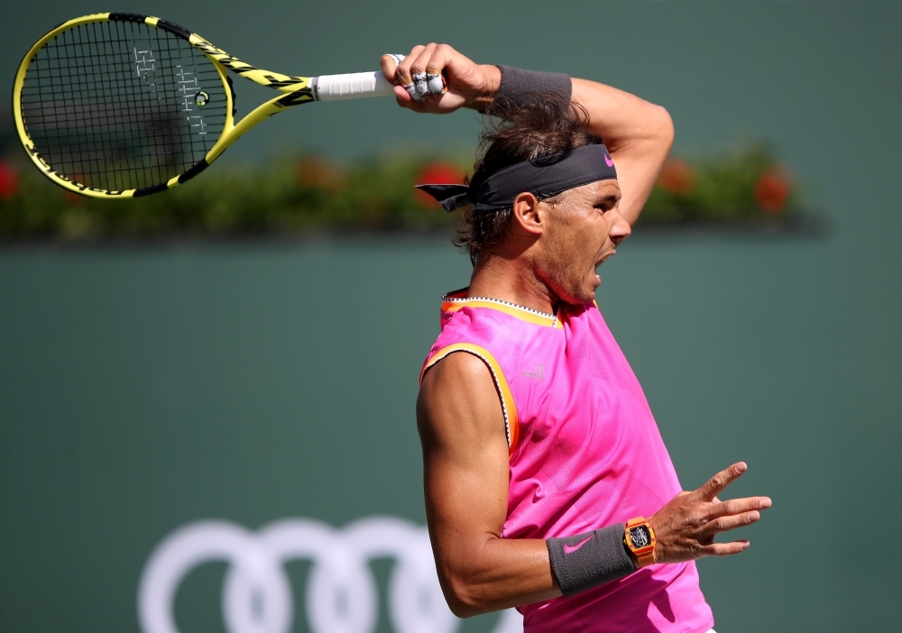 


Rafael Nadal plays a forehand against Karen Khachanov at the BNP Paribas Open in Indian Wells Friday. — AFP