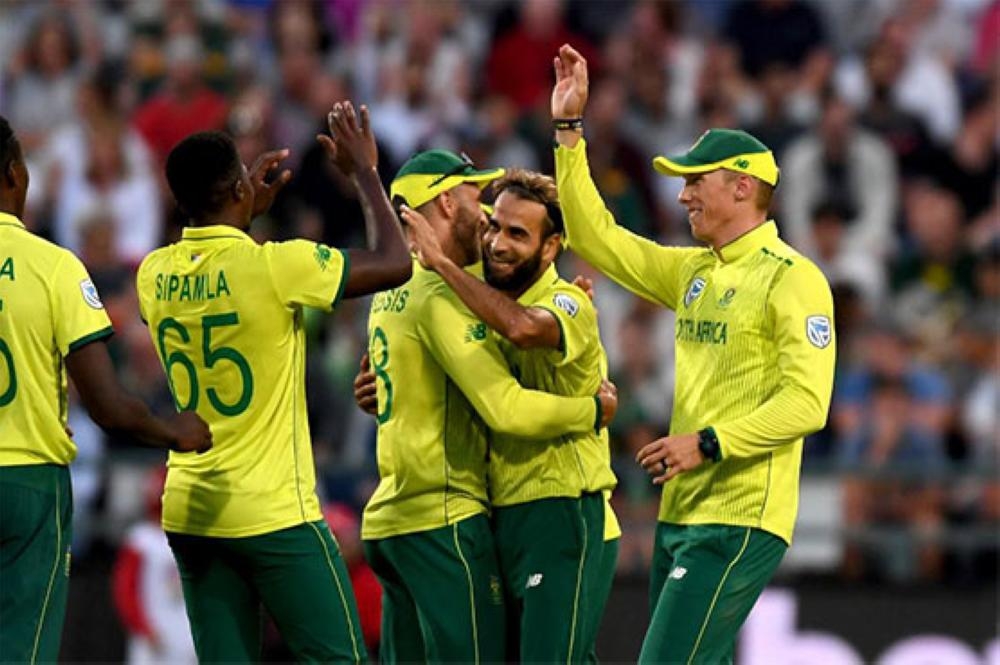 South Africa's players celebrate victory.