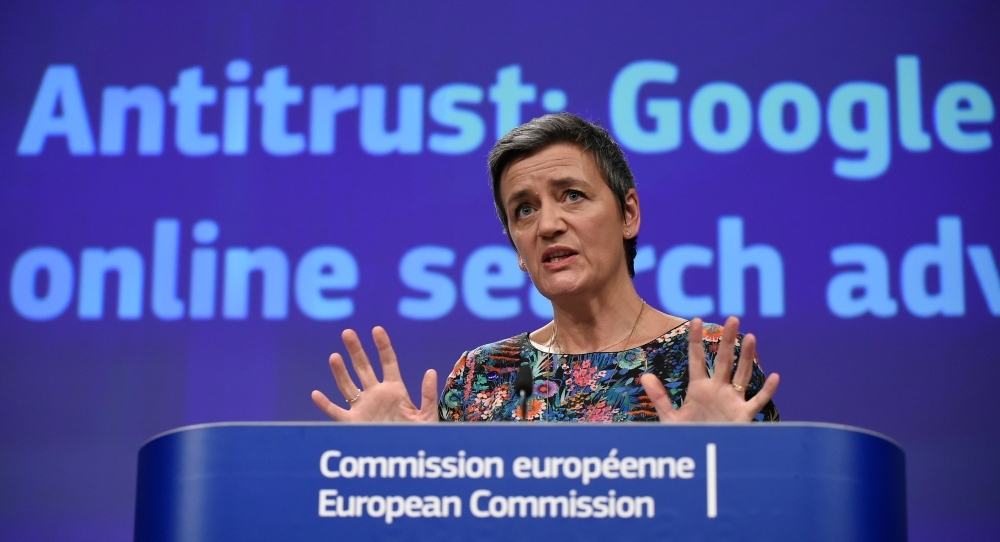 


EU Commissioner of Competition Margrethe Vestager gives a joint press on Antitrust: Google online search advertising at the EU headquarters in Brussels on Thursday. — AFP