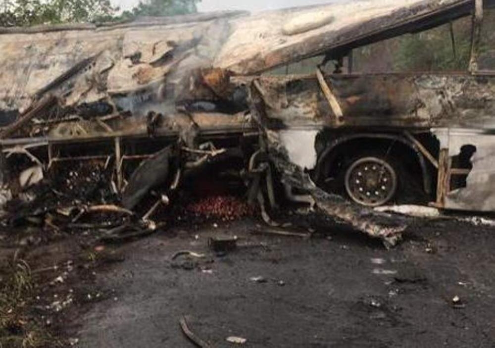 A view of the burned bus near Kintampo in Bono East region, Ghana, on Friday. — Courtesy photo