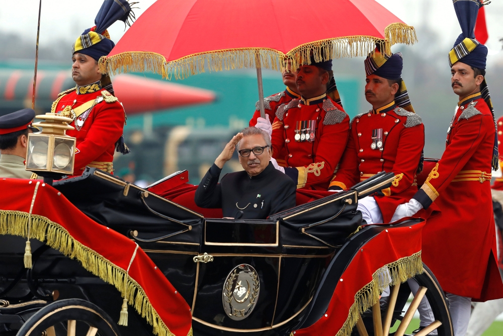 Pakistan women troops march during the Pakistan Day parade in Islamabad, Saturday. — AFP