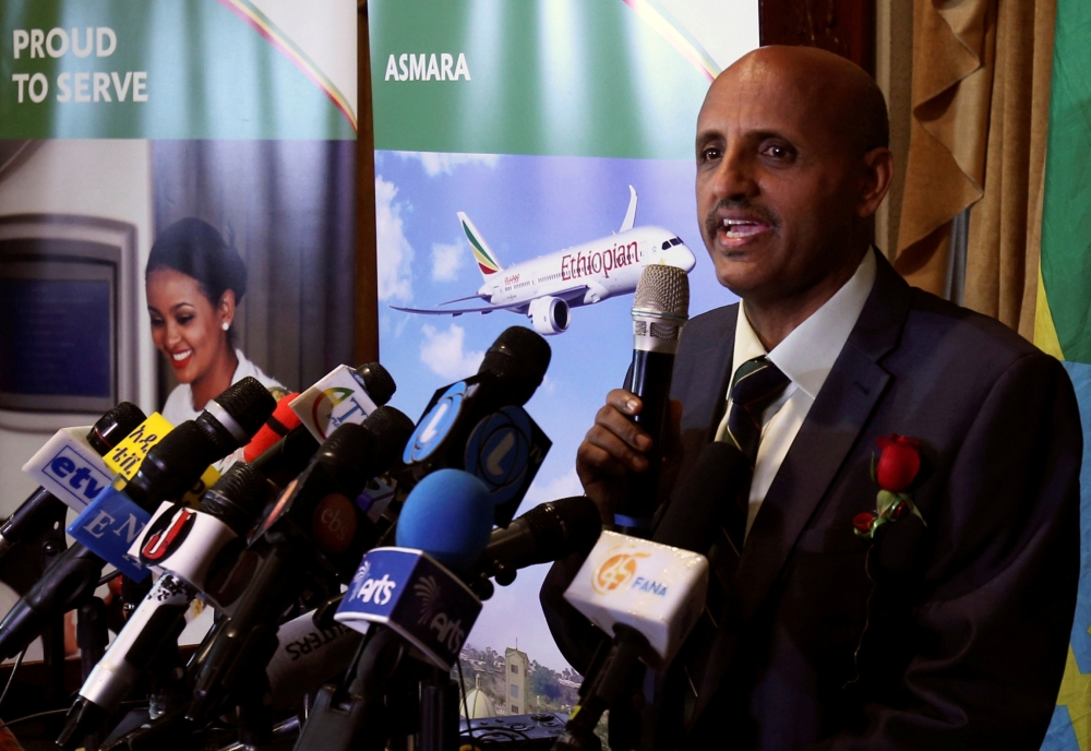 Ethiopian Airlines Chief Executive Officer Tewolde Gebremariam speaks during the ceremony as they resume flights to Eritrea’s capital Asmara at the Bole international airport in Addis Ababa, Ethiopia, in this July 18, 2018 file photo. — Reuters