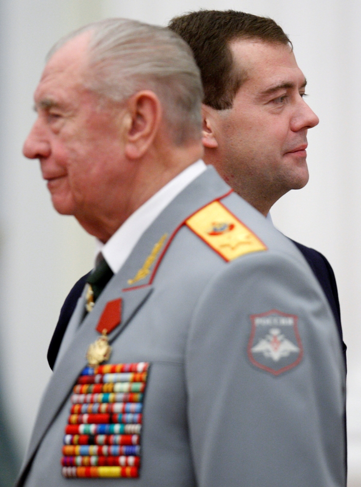 Russia’s President Dmitry Medvedev, back, is seen with former Soviet Defense Minister Marshal Dmitry Yazov after decorating him with the Service to the Fatherland order of the fourth grade during an award ceremony in Moscow’s Kremlin in this Nov. 2, 2009 file photo. — Reuters