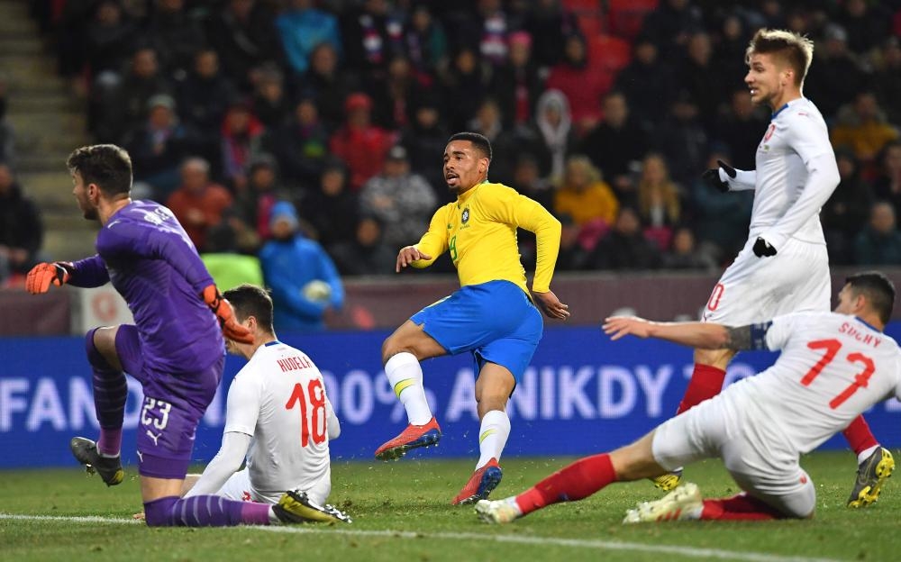 Brazil’s forward Gabriel Jesus scores during the friendly football match againstthe Czech Republic at the Sinobo Arena in Prague Tuesday. — AFP 