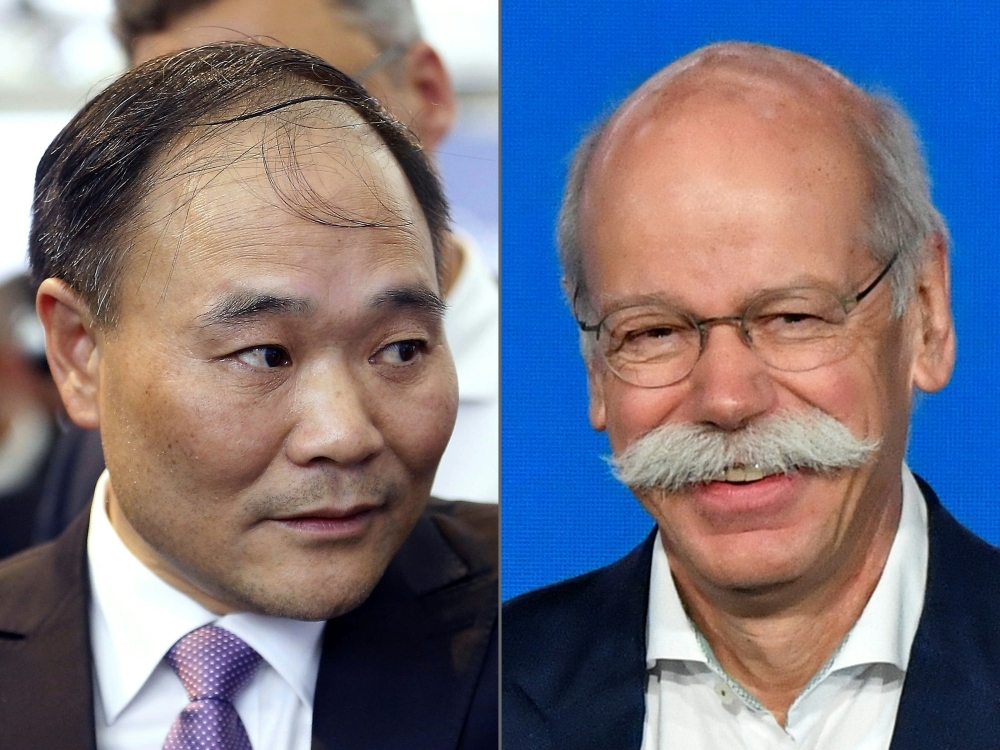 This combination of file pictures shows Chinese carmaker Geely's CEO Li Shufu (L, in Brussels) and the CEO of German auto giant Daimler AG Dieter Zetsche (R,  in Berlin). Mercedes-Benz maker Daimler and Chinese auto giant Geely announced plans on Thursday to develop the next generation of electric Smart cars to be made in China in a joint venture. — AFP