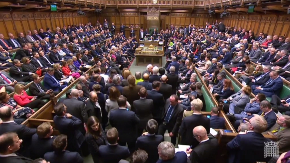 A video grab from footage broadcast by the UK Parliament’s Parliamentary Recording Unit (PRU) shows MPs filling the House of Commons in London on Friday after they rejected her EU Withdrawl deal for a third time.   — AFP