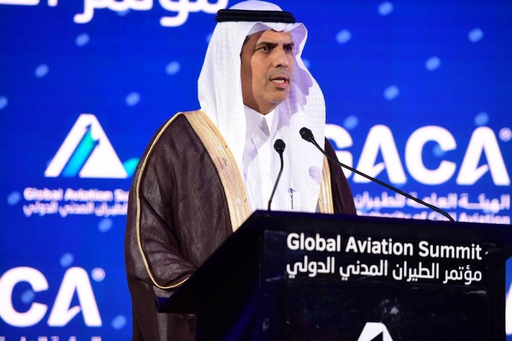 Transport Minister Nabeel Al-Amudi addressing the Global Aviation Summit 2019 in Riyadh on Monday. — SPA