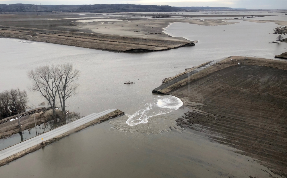 A levee breach is shown in this aerial photo, from flood damage near Bartlett, Iowa, in this March 29, 2019 file photo. — Reuters