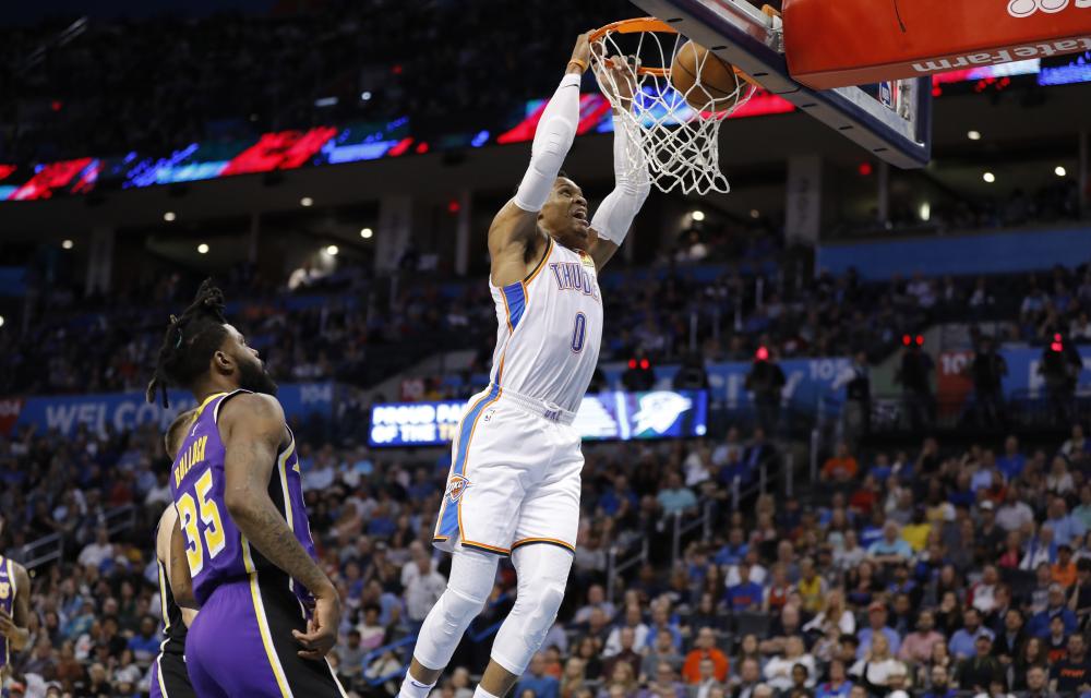 Oklahoma City Thunder’s guard Russell Westbrook dunks the ball as Los Angeles Lakers’ guard Reggie Bullock looks on during their NBA game at Chesapeake Energy Arena in Oklahoma City Tuesday. — Reuters