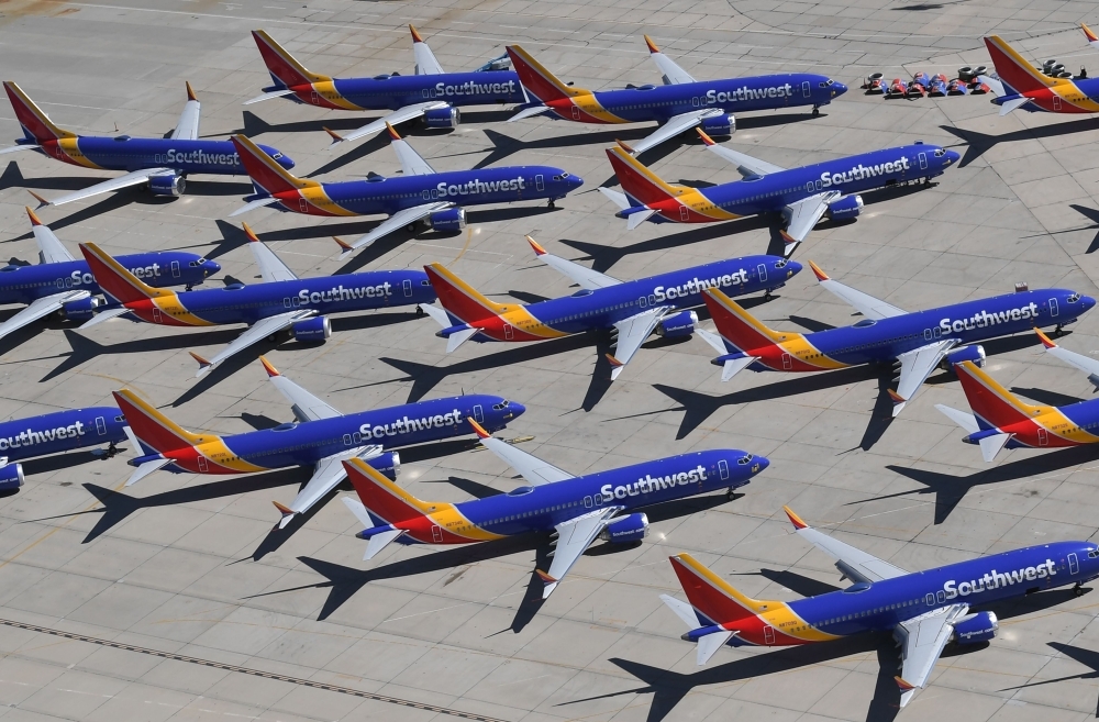 Southwest Airlines Boeing 737 MAX aircraft are parked on the tarmac after being grounded, at the Southern California Logistics Airport in Victorville, California, in this  March 28, 2019 file photo. — AFP