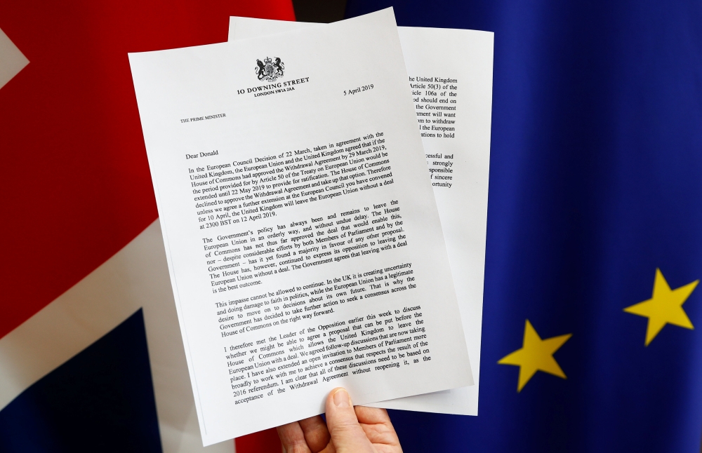 A copy of a letter from Britain’s Prime Minister Theresa May, to European Council President, Donald Tusk, regarding Brexit is seen in this picture illustration at the EU Council, on Friday. — Reuters