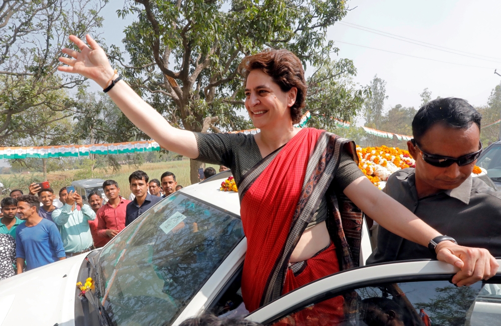 Priyanka Gandhi Vadra, a leader of India’s main opposition Congress party and sister of the party president Rahul Gandhi, waves to her supporters after addressing an election campaign meeting in Ayodhya, India, in this March 29, 2019 file photo. — Reuters