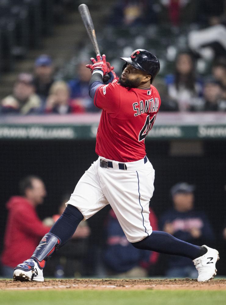 Cleveland Indians’ first baseman Carlos Santana hits a walk-off home run during the ninth inning against the Toronto Blue Jays at Progressive Field in Cleveland Friday. — Reuters