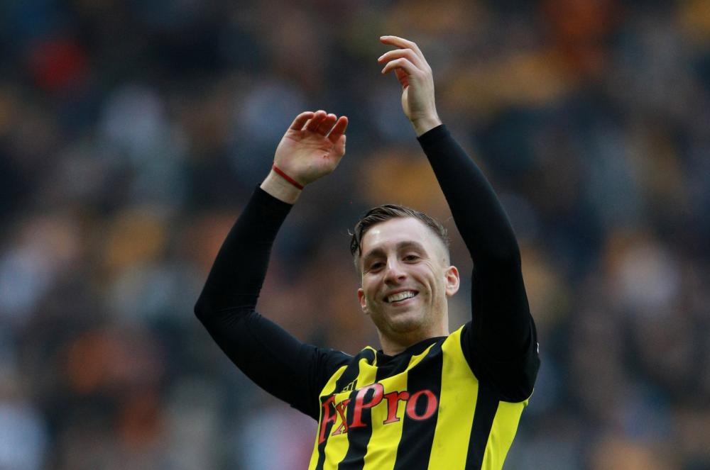 Watford’s Gerard Deulofeu celebrates after the FA Cup semifinal against Wolverhampton Wanderers at Wembley Stadium, London, Sunday. — Reuters