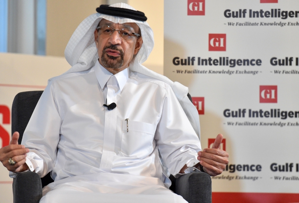 Saudi Arabia's Energy Minister Khalid Al-Falih speaks during the inaugural Gulf Intelligence Saudi Arabia Energy Forum at the King Abdullah Petroleum Studies and Research Center in Riyadh on Monday. — AFP