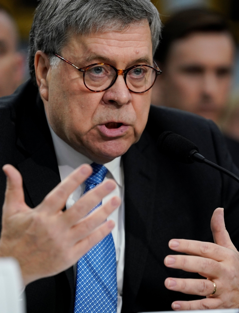 US Attorney General William Barr testifies on the Justice Department’s budget proposal before a House Appropriations Subcommittee hearing on Capitol Hill in Washington, Tuesday. — Reuters