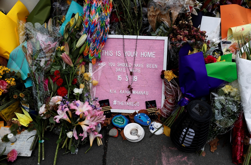 A flower tribute is seen outside Al Noor mosque where more than 40 people were killed by a suspected white supremacist during Friday prayers on March 15, in Christchurch, New Zealand, in this March 27, 2019 file photo. — Reuters