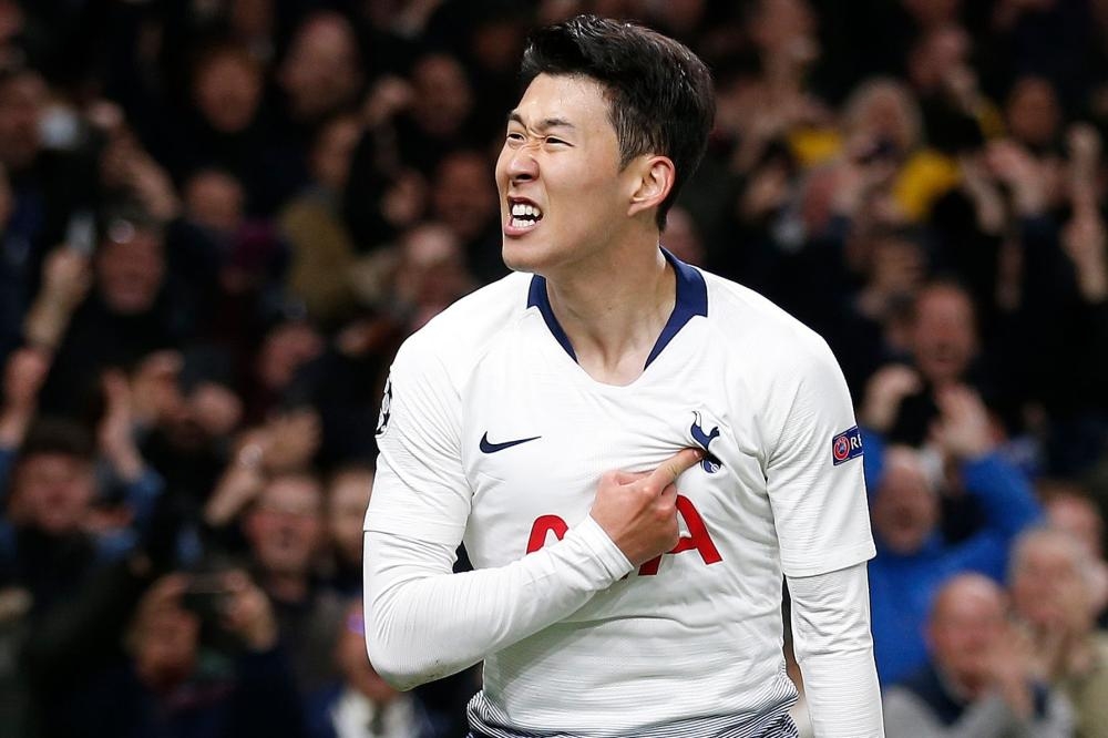 Tottenham Hotspur’s striker Son Heung-min celebrates scoring during the UEFA Champions League quarterfinal first leg match against Manchester City at the Tottenham Hotspur Stadium in north London, Tuesday. — AFP 