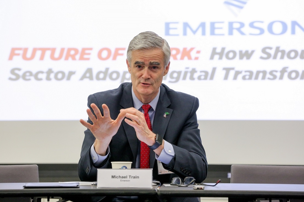 Michael Train, president of Emerson & chairman of Emerson Automation Solutions, speaks at the inaugural Gulf Intelligence Saudi Arabia Energy Forum in Riyadh 