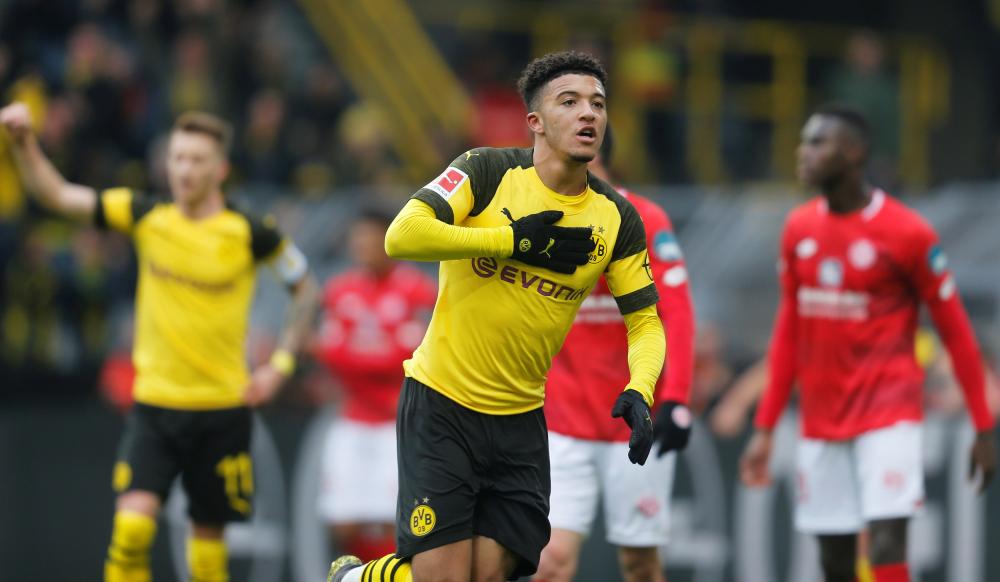 Borussia Dortmund's Jadon Sancho celebrates scoring their second goal against FSV Mainz 05 during their Bundesliga match at Signal Iduna Park, Dortmund, Saturday. — Reuters