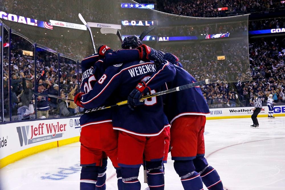 COLUMBUS, OH - APRIL 14: Matt Duchene #95 of the Columbus Blue Jackets is congratulated by his teammates after scoring a goal during the second period of Game Three of the Eastern Conference First Round against the Tampa Bay Lightning during the 2019 NHL Stanley Cup Playoffs on April 14, 2019 at Nationwide Arena in Columbus, Ohio.   Kirk Irwin/Getty Images/AFP
== FOR NEWSPAPERS, INTERNET, TELCOS & TELEVISION USE ONLY ==
