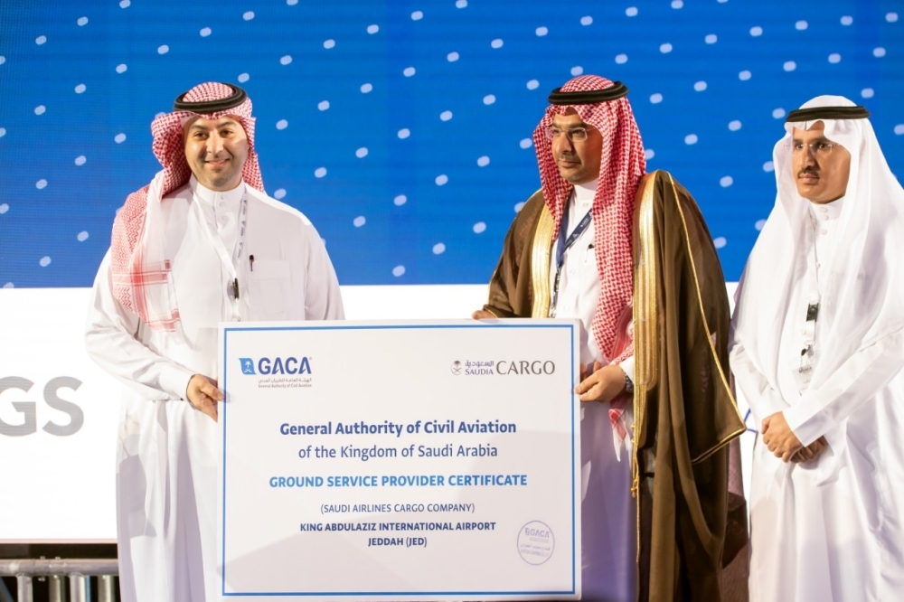 Saudia Cargo’s CEO Omar Hariri (left) shows off the award