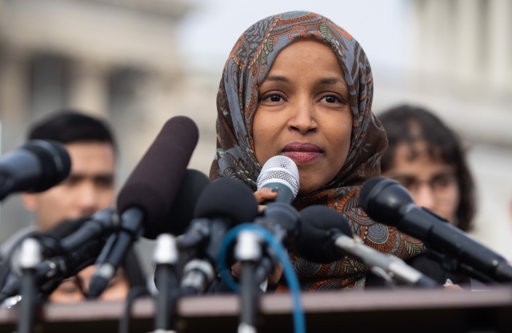 US Representative Ilhan Omar, Democrat of Minnesota, speaks during a press conference calling on Congress to cut funding for US Immigration and Customs Enforcement (ICE) and to defund border detention facilities, outside the US Capitol in Washington, in this Feb. 7, 2019 file photo. — AFP