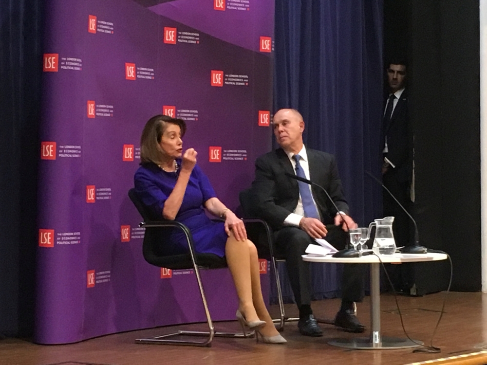 US Speaker of the House of the Representative Nancy Pelosi speaks at the London School of Economics in London on Monday. — Reuters