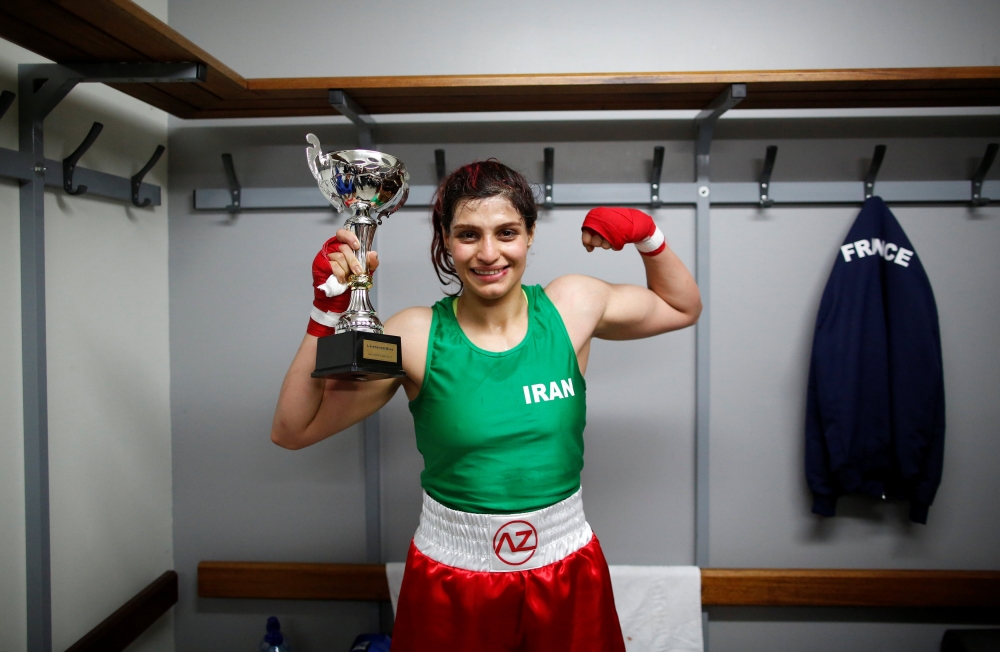 Iranian boxer Sadaf Khadem poses in the locker room after winning the fight against French boxer Anne Chauvin during an official boxing bout in Royan, France, in this April 13, 2019, file photo. — Reuters