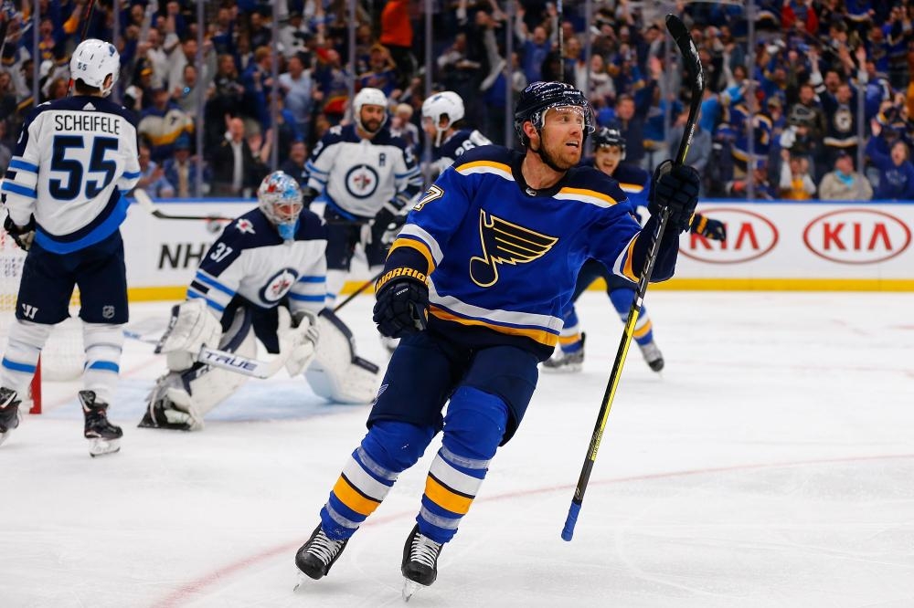Jaden Schwartz of the St. Louis Blues reacts after scoring his third goal against the Winnipeg Jets in Game 6 of the Western Conference NHL Stanley Cup Playoffs at the Enterprise Center in St. Louis, Missouri. — AFP 