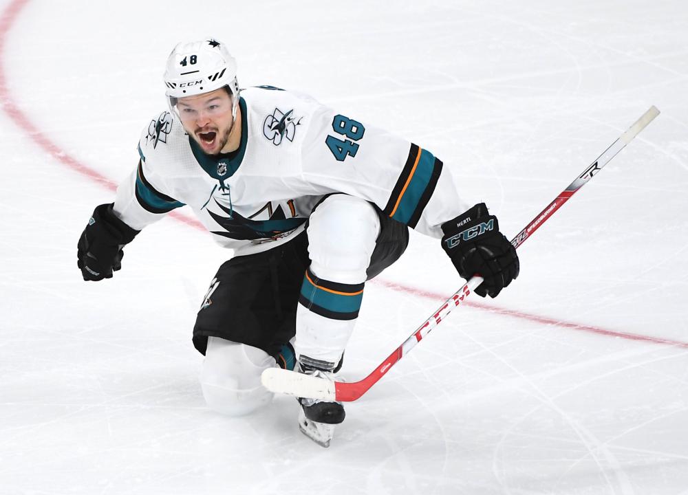 San Jose Sharks’ center Tomas Hertl celebrates after scoring a goal in the second overtime of Game 6 of the first round of the 2019 Stanley Cup Playoffs against the Vegas Golden Knights at T-Mobile Arena in Las Vegas Sunday. — Reuters