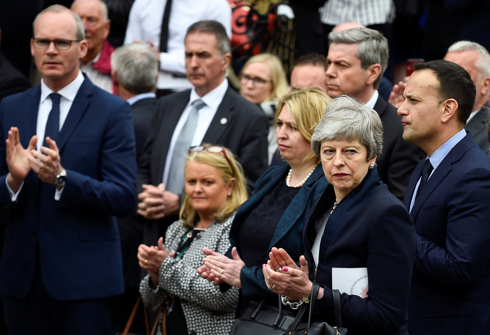 Britain’s Prime Minister Theresa May, Ireland’s Prime Minister (Taoiseach) Leo Varadkar, Britain’s Secretary of State for Northern Ireland Karen Bradley and Simon Coveney, Ireland’s Tanaiste and Minister for Foreign Affairs attend the funeral of journalist Lyra McKee at St. Anne’s Cathedral in Belfast, Northern Ireland, on Wednesday. — Reuters