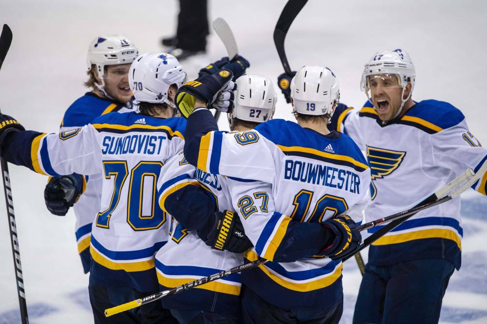 St. Louis Blues defenseman Alex Pietrangelo (27) celebrates with teammates after scoring a goal against the Dallas Stars during the third period in game three of the second round of the 2019 Stanley Cup Playoffs at American Airlines Center. — Reuters