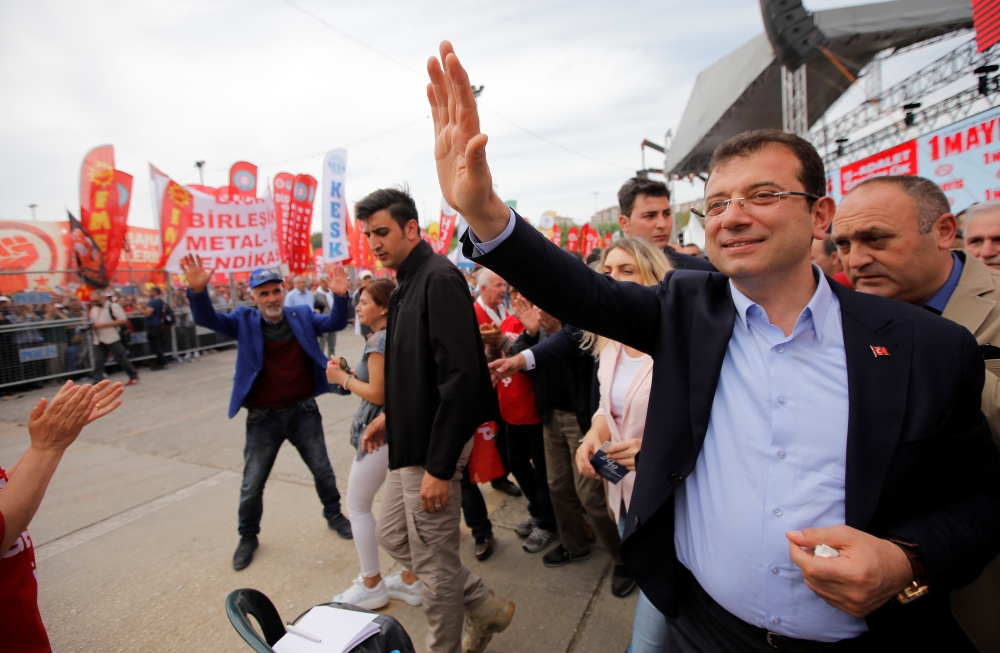 Mayor of Istanbul Ekrem Imamoglu of the main opposition Republican People’s Party (CHP) greets people during a May Day rally in Istanbul, Turkey, on Wednesday. — Reuters