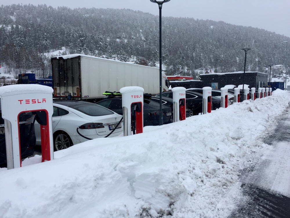 Electric cars are seen at Tesla charging station in Gulsvik, Norway in this file photo. — Reuters