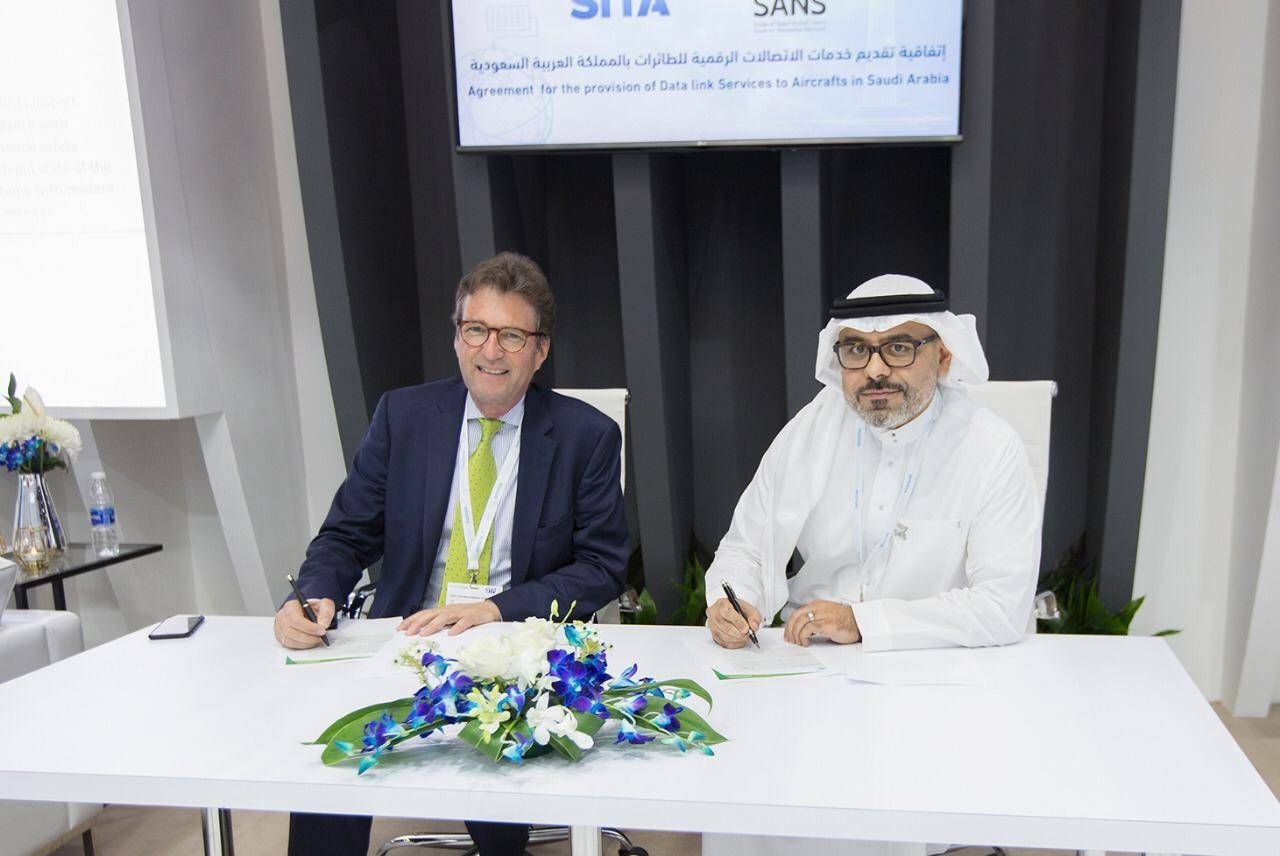 Saudi Air Navigation Services (SANS) signed an agreement for provision of data link services to aircrafts during the 2019 Global Airport Leaders Forum event in Dubai with SITAONAIR.