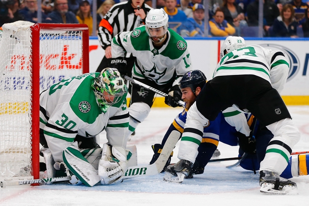 Ben Bishop No. 30 of the Dallas Stars makes a save against Ryan O'Reilly No. 90 of the St. Louis Blues in Game Five of the Western Conference Second Round during the 2019 NHL Stanley Cup Playoffs at the Enterprise Center on Friday in St. Louis, Missouri. — AFP