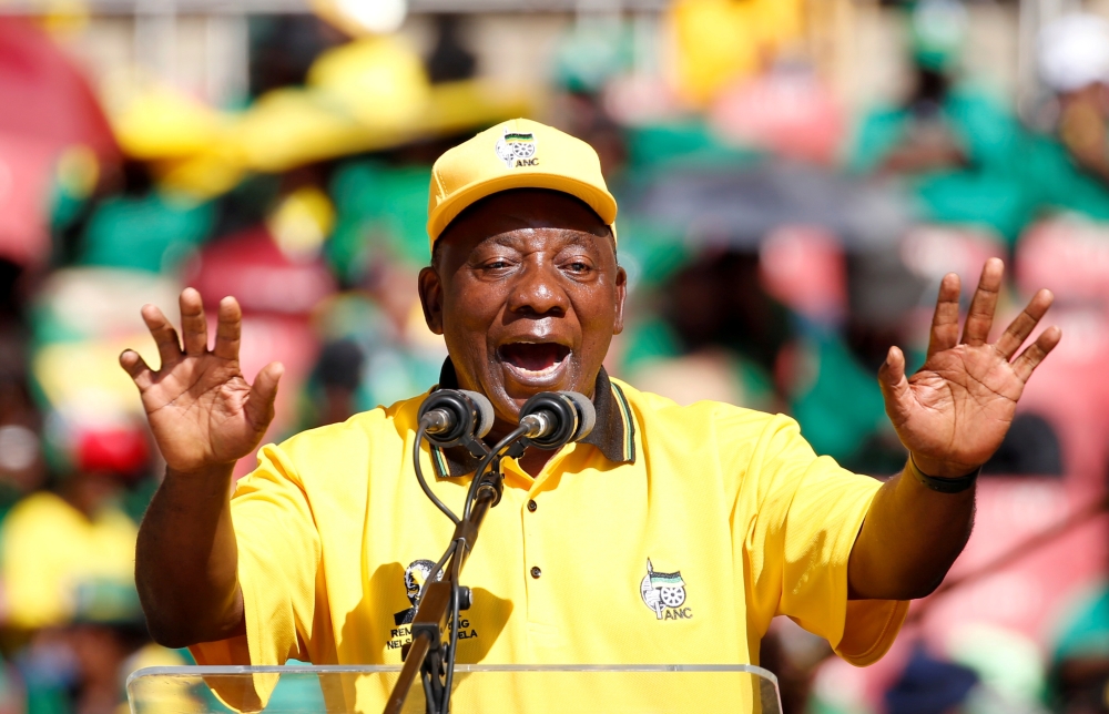  President of South Africa's governing African National Congress Cyril Ramaphosa waves to his supporters, as he arrives for the party's final rally at Ellis Park Stadium in Johannesburg, South Africa on May 5.  REUTERS