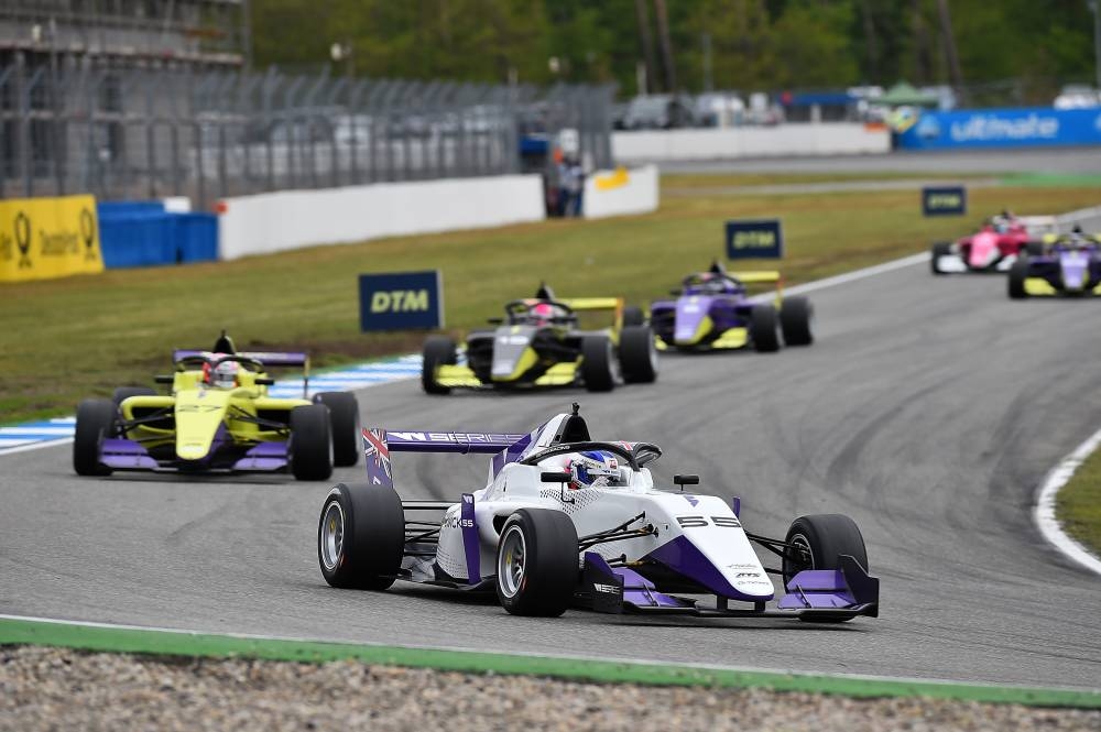 British motor racing driver Jamie Chadwick (R) leads to win in her Tatuus F3 T-318 ahead of compatriot Alice Powell and Marta Garcia during the W Series motor racing event on the Hockenheimring, south-western Germany on Saturday. — AFP