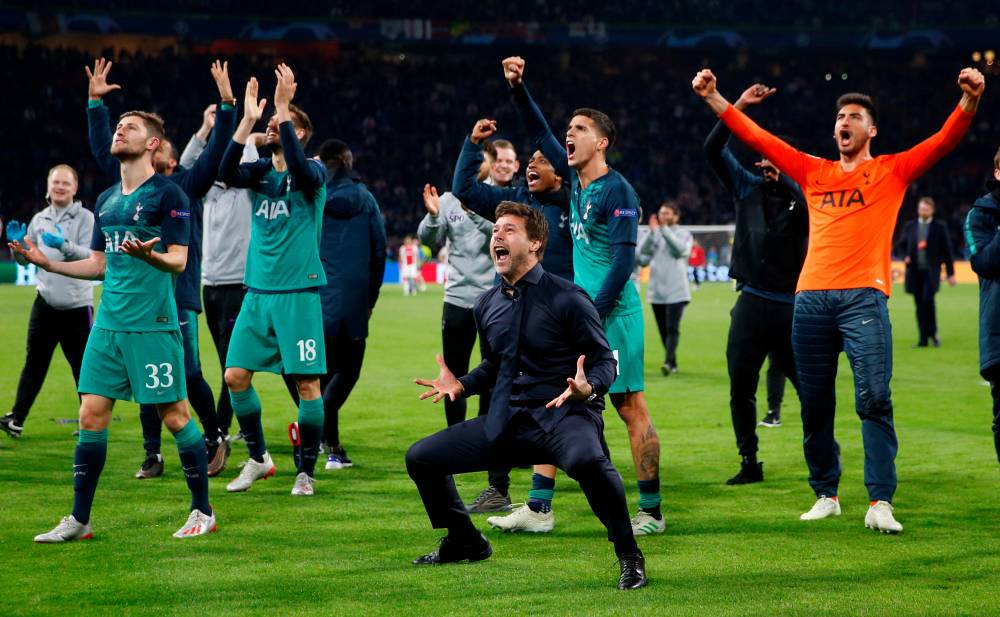 Tottenham manager Mauricio Pochettino, Ben Davies, Fernando Llorente and Erik Lamela celebrate after the Champions League semifinal second leg match against Ajax Amsterdam at the Johan Cruijff Arena, Amsterdam, Netherlands, on Wednesday.  — Reuters/