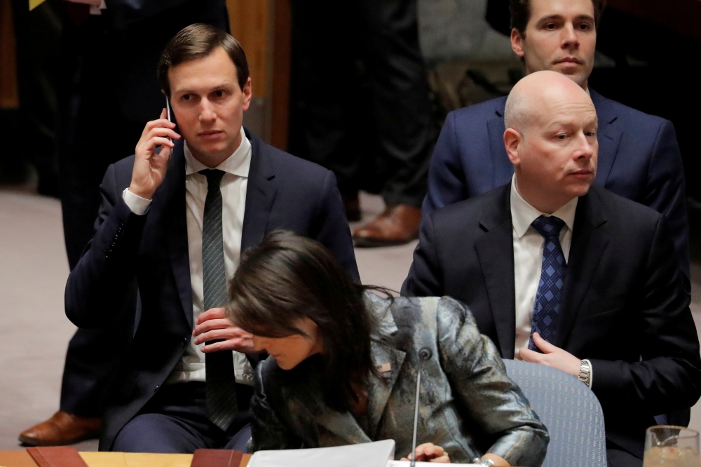 US United Nations ambassador Nikki Haley, center, White House senior adviser Jared Kushner, left, and Jason Greenblatt, right, US President Donald Trump’s Middle East envoy wait for a meeting of the UN Security Council at UN headquarters in New York in this Feb. 20, 2018 file photo. — Reuters