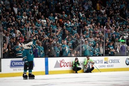 San Jose Sharks mascot Sharkie celebrates with the fans after defeating the Colorado Avalanche in game seven of the second round of the 2019 Stanley Cup Playoffs at SAP Center at San Jose in this file photo. — Reuters