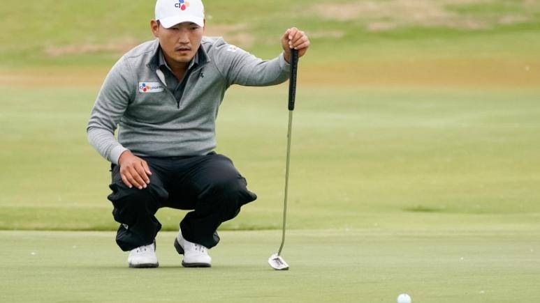 Sung Kang lines up a putt on the 16th green during the second round of the AT&T Byron Nelson golf tournament at Trinity Forest Golf Club, on Friday. — Reuters
